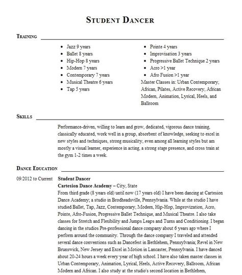 dancer resume example|student dancer resume.